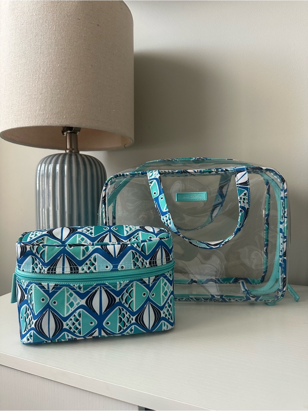 Vera Bradley “Go Fish” Clear Travel Tote & Patterned Cosmetic Case - Teal Blue
